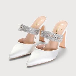 Celines White Satin Rhinestone Pointed-Toe Mule Pumps